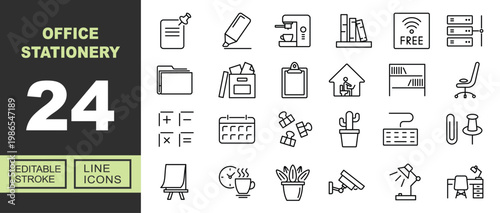 Office Stationery line icon set. Exclusive Office Stationery line icon collection. Containing Note, Marker, Coffee-maker, Bookshelf, Wi-Fi, Folder, Clipboard, Calculator, Calendar. Editable stroke