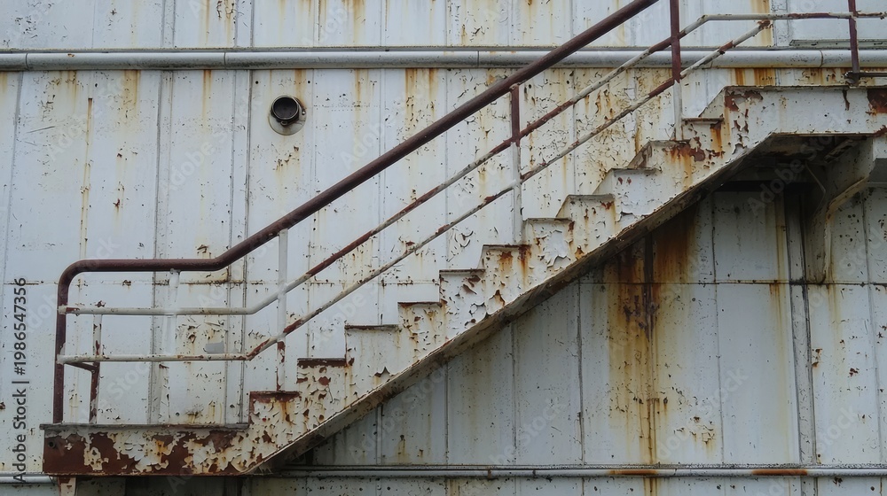 Fototapeta premium Unique architectural elements: rusty stairs on a weathered wall.