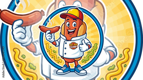 Cheerful Hot Dog Mascot In Chef Outfit.