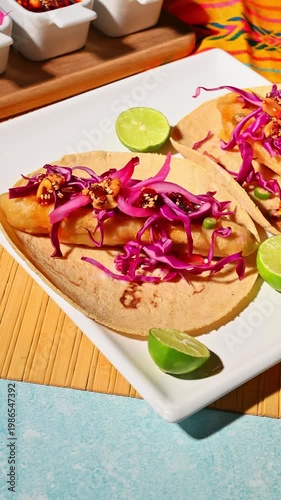 Typical Mexican food, fresh fish tacos with pickled onions and salsa macha. Direct flash food photography