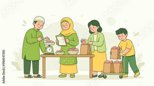Muslim Family Distributing and Packaging Qurban Meat in Bags for Charity During Eid al-Adha Festival