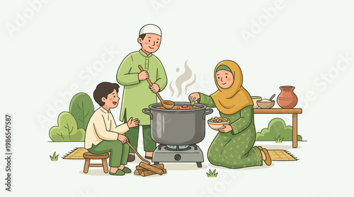 Muslim Men with Cow and Checklist Preparing for Eid al-Adha Qurban Sacrifice Illustration