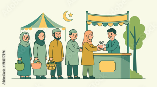 Muslim Community Gathering at a Ramadan Food Stall for Takjil Distribution and Charity Illustration