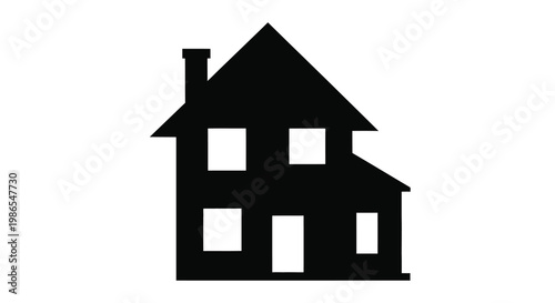Simple black silhouette of a two story house with a chimney