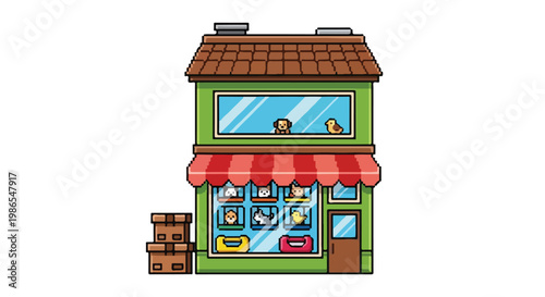 A two-story green pet shop in pixel art style featuring various animals in its display windows and a red and white striped awning.