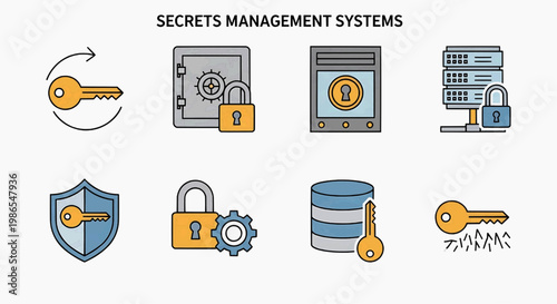 A digital illustration depicts various icons representing secrets management systems including keys, locks, and databases on a screen.