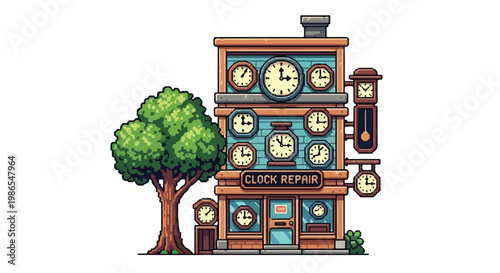 A detailed vector illustration of a vintage three-story clock repair shop adorned with numerous timepieces and standing next to a large green tree.
