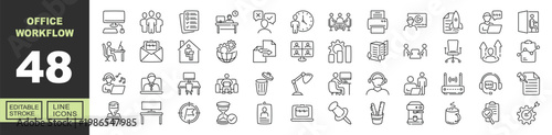 Office Workflow line icon set. Exclusive Office Workflow line icon collection. Containing computer, team, checklist, workstation, feedback, meeting, printer, presentation, startup. Editable stroke.