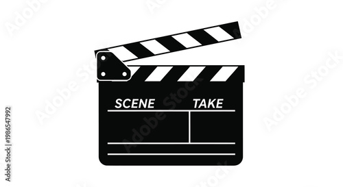 A black and white clapperboard with space for scene and take information