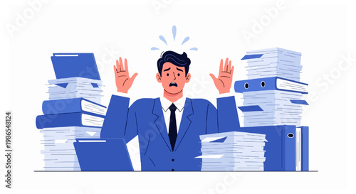 A panicked businessman in a blue suit stands between tall stacks of office papers and folders with his hands raised in a stressed gesture.