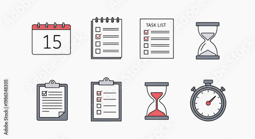 A collection of time management icons including calendars, task lists, hourglasses, and clocks.