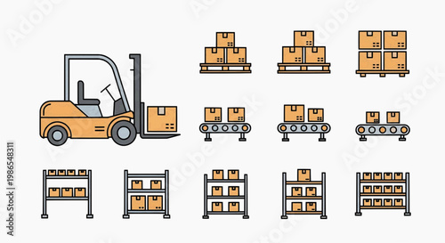 Forklift operator moving boxes on pallets in a warehouse loading area with shelves