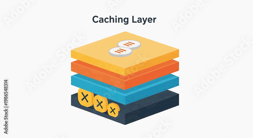 An illustration of a caching layer with stacked colored blocks representing data storage and management.