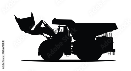Silhouette of a large mining dump truck against a white background