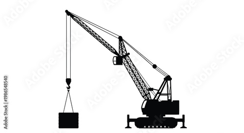 Black silhouette of a construction crane lifting a concrete block