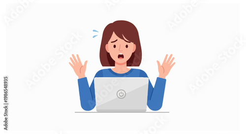 A worried woman in a blue shirt sits at a laptop and reacts with a distressed facial expression and raised hands on a white background.