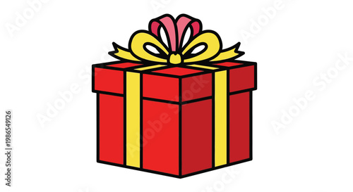 A colorful illustration of a red gift box with a yellow and pink bow