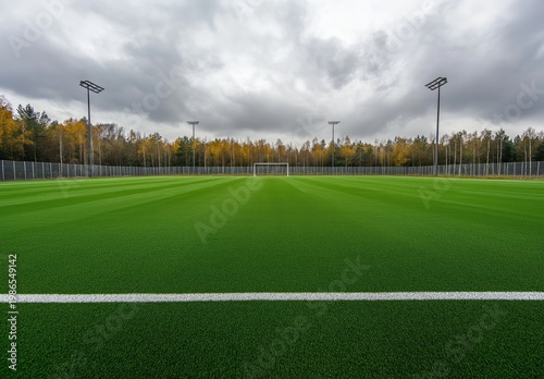 New professional soccer field with artificial turf, a white goal, stadium lights, and forest in the background under an overcast sky