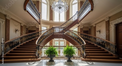 Grand sweeping staircase in a luxurious mansion foyer with elegant chandelier and natural light