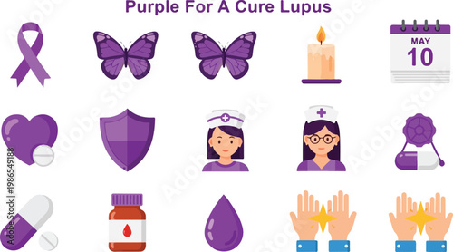Purple vector icons for Lupus awareness and medical support, representing hope and health