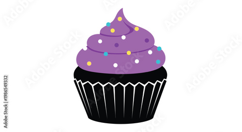 A vibrant purple cupcake with colorful sprinkles on a black liner