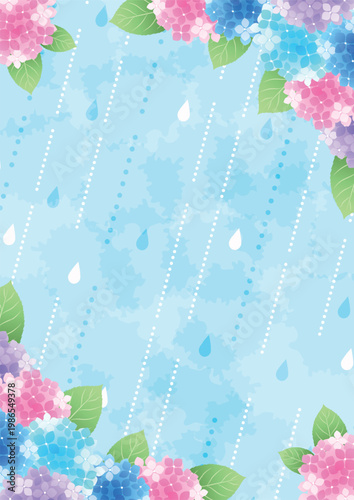 梅雨背景、縦、かわいい、あじさい、雨、対角囲み