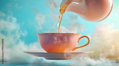 Upside down tea cup pouring liquid into a floating saucer