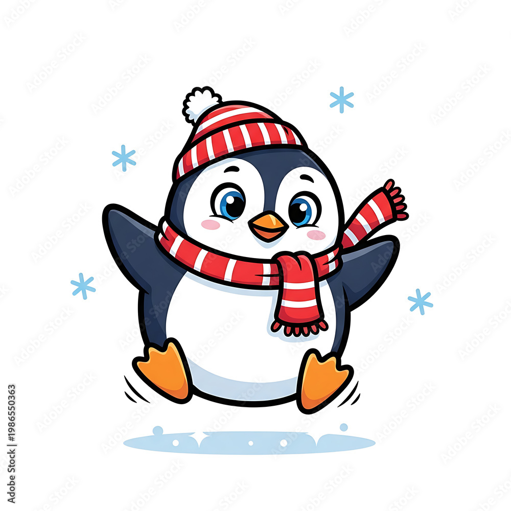 Naklejka premium Cartoon vector illustration of a happy snowman with a Christmas tree and a gift box featuring a cute penguin and Santa Claus in a cold winter snow holiday celebration
