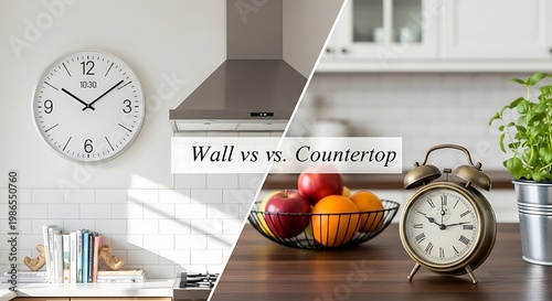 Comparing timekeeping devices on wall and countertop in modern kitchen
