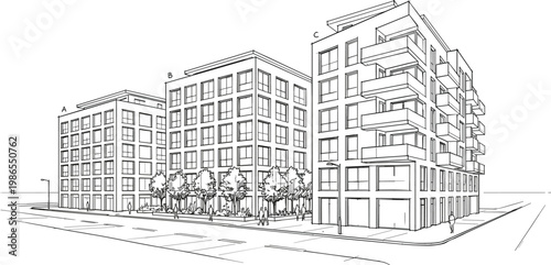 Urban apartment complex with multiple residential buildings, balconies and street view in detailed architectural line vector illustration