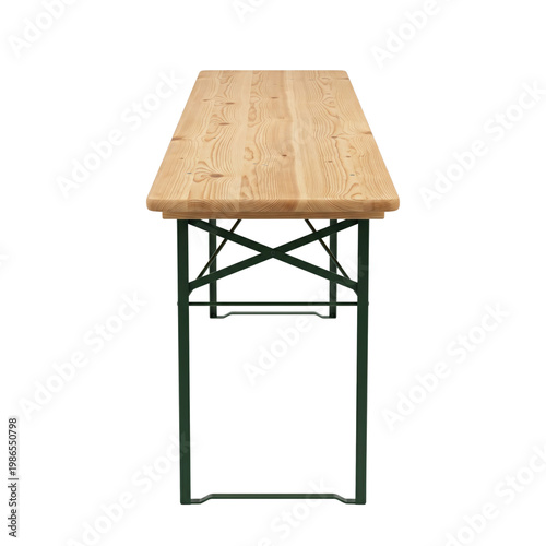 Photography Wooden folding picnic table with green metal legs