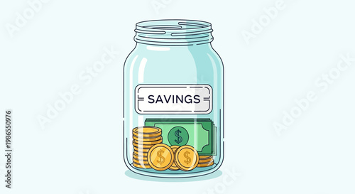 A jar filled with coins and bills labeled savings on a surface