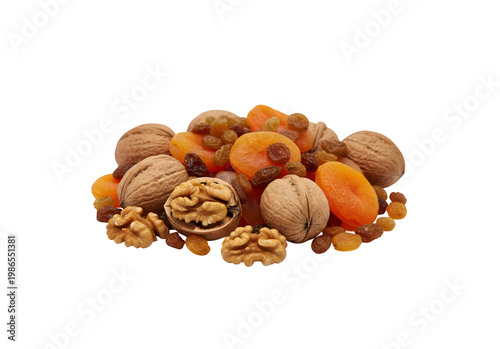 Walnuts, dried apricots, and raisins set against a white background. Close-up
