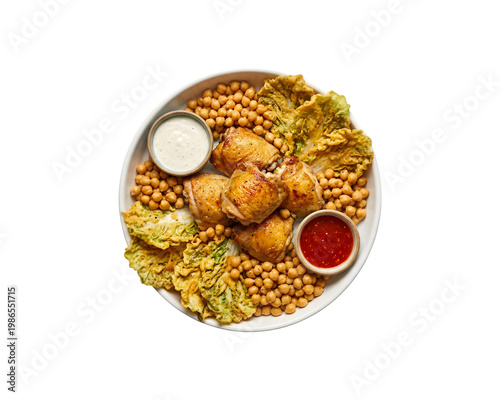 An overhead shot of delicious roasted chicken thighs accompanied by cabbage leaves in batter, chickpeas, and various sauces on a white dish. Isolated on a white backdrop.