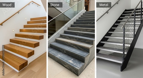 Modern staircases showcase diverse materials: wood, stone, and metal.