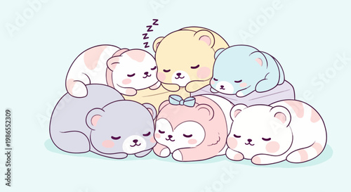 Cuddly cartoon bears sleep peacefully together.