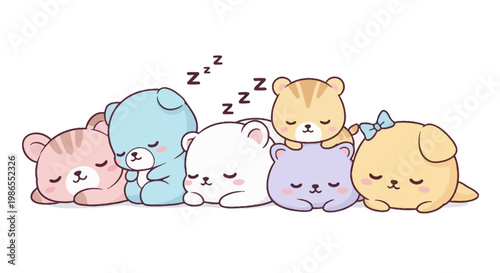 Adorable Row of Cute Sleeping Cartoon Animals Peacefully Resting on Isolated White Background