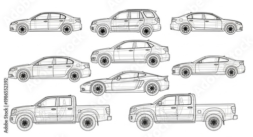 Collection of Hand Drawn Cars and Trucks Sketch Style.
