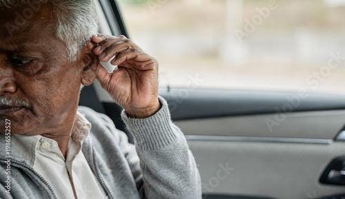 Senior man adjusting a hearing aid while seated inside a car.