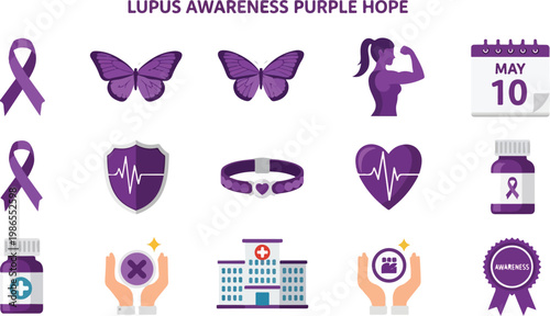 Purple Ribbons, Butterflies, and Medical Icons Symbolizing Lupus Awareness and Hope