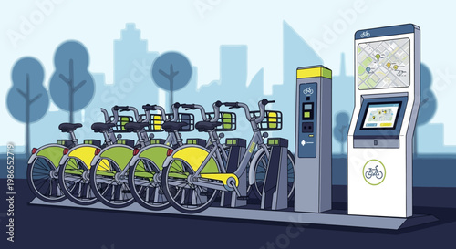 a row of green and black bicycles with a kiosk.