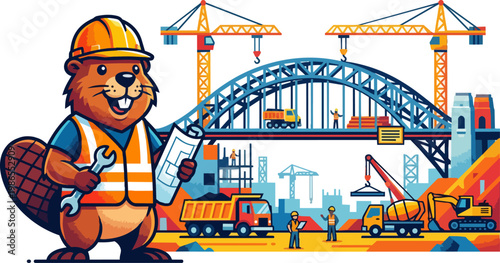 Construction worker beaver at busy site.