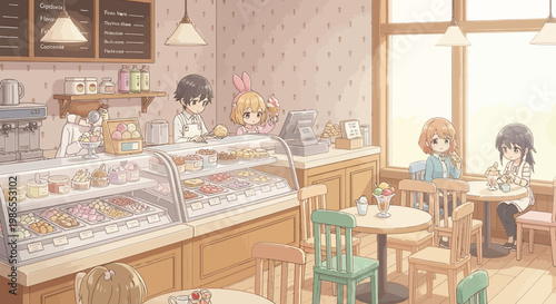 Anime style illustration of a cozy bakery cafe interior with customers.