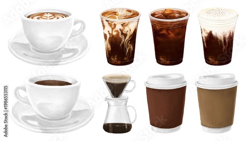 фотографія Assorted coffee drinks illustration isolated element set