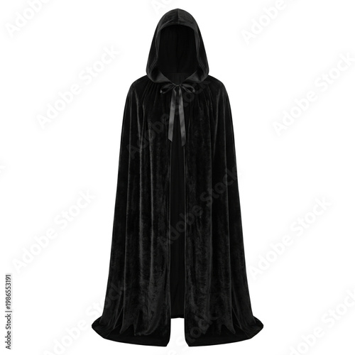 Fotografie Long black velvet hooded cloak isolated on black