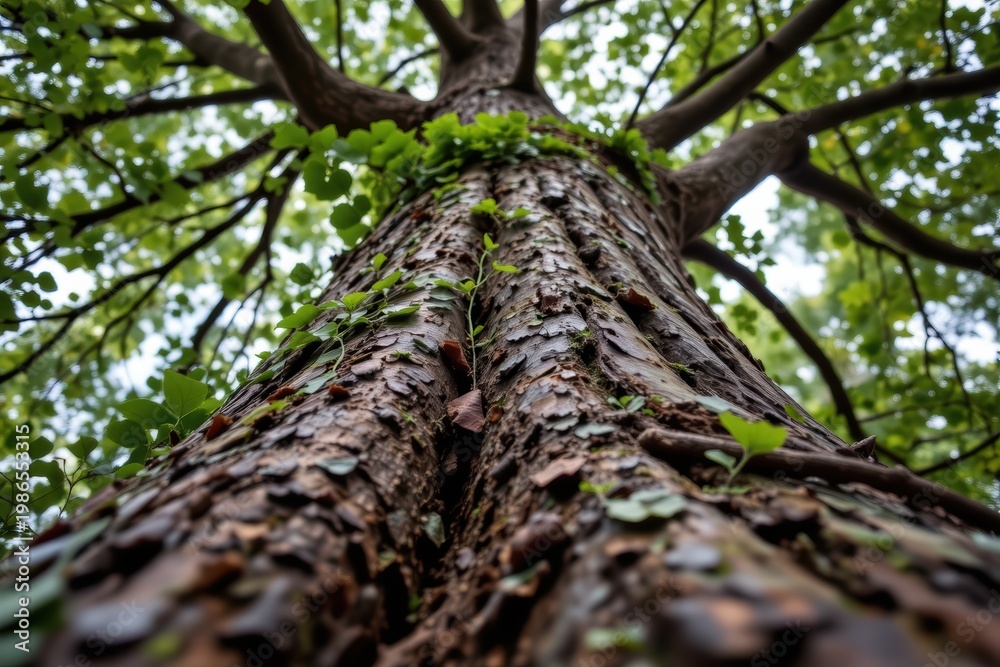 Fototapeta premium Upward view of a textured tree trunk with green leaves and branches extending outward.