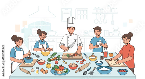 Culinary Team Collaboration: A culinary team collaborates in a bustling kitchen, expertly preparing ingredients and dishes in a culinary celebration.