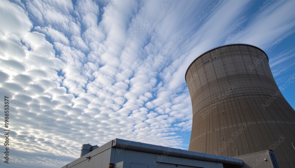 Fototapeta premium Cooling tower under a dramatic blue sky with scattered textured clouds.