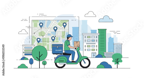 Fast Delivery in the City: A courier speeds through the urban landscape on a scooter, map pinpointing delivery locations, highlighting the efficiency of modern logistics.