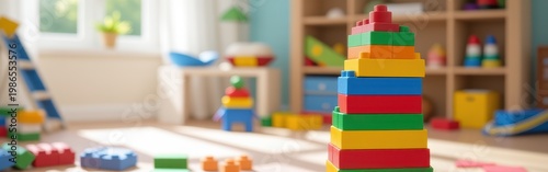 Colorful building blocks stacked in a bright, organized children's playroom with natural light.